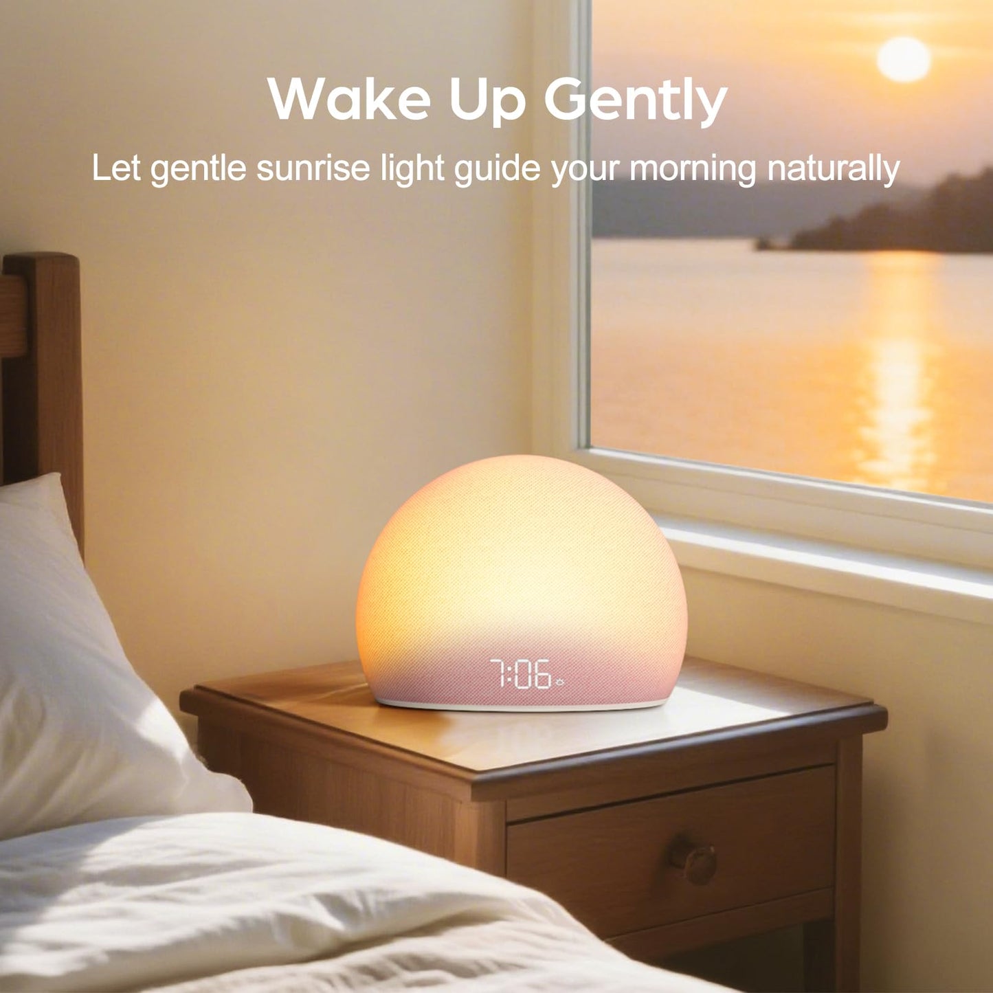 HOUSBAY Sunrise Alarm Clock, White Noise Sound Machine for Bedroom | Natural Wake-Up Light with Gentle Alarm Sounds, 20 Soothing Sleep Aids, Dimmable Display, Screen-Free Design - Pink
