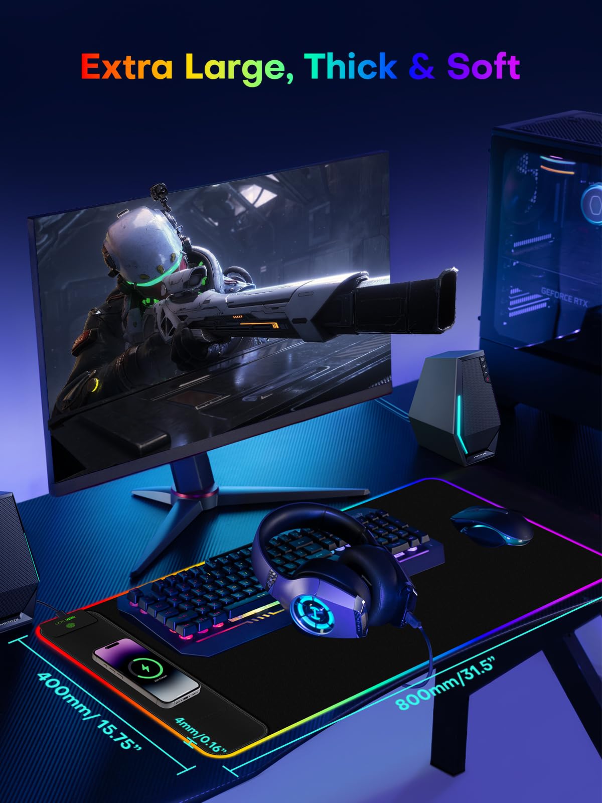 abc.mat 2-in-1 RGB Gaming Mouse Pad with Wireless Charging, 31.5"x15.8" Large, 24 Light Effects, Non-Slip Base, Waterproof Ultra-Smooth Surface, No Adapter