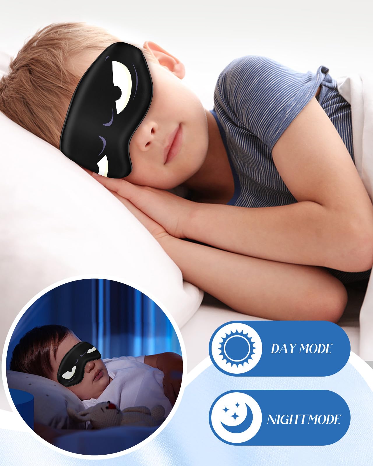 Miss Adola Sleep Mask for Kids - Silk Eye Mask for Sleeping Cute Cartoon Kids Sleep Mask for Boys Girls Teens Soft Smooth Adjustable Straps Silk Kids Eye Cover, Black White Eyes