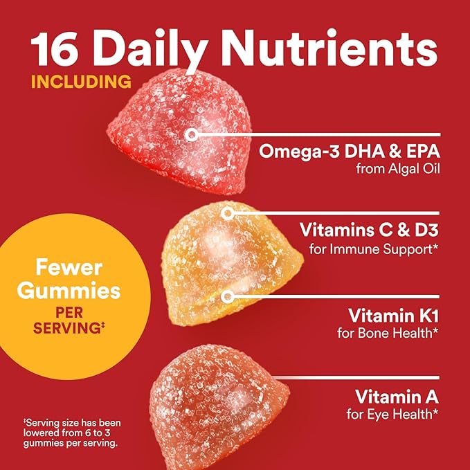 SmartyPants Multivitamin for Men & Women - Improved Formula: Multivitamin Gummies with Omega 3 (DHA/EPA), Vitamin D3, C, Vitamin B12, B6, A, K & Zinc, Biotin, Gluten Free, 90 Count (30 Day Supply)