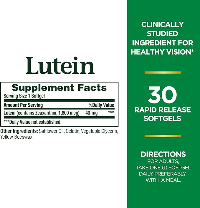 Nature's Bounty Lutein Pills, Eye Health Supplements and Vitamins, Support Vision Health, 40 mg, 30 Softgels (Pack of 4)