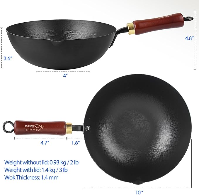 10 Inch Carbon Steel Wok For Electric, Induction and Gas Stoves (Lid and User Guide Video Included)
