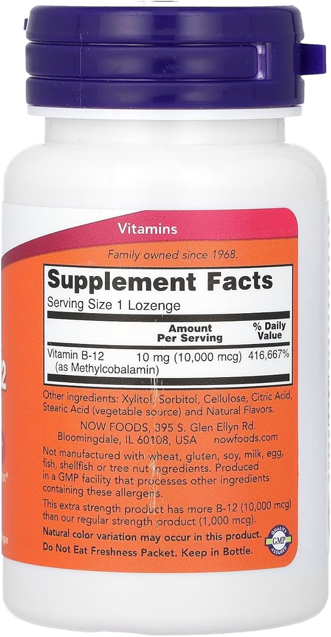 NOW Foods Supplements, Methyl B-12 (Methylcobalamin) 10,000 mcg, Nervous System Health*, 60 Lozenges
