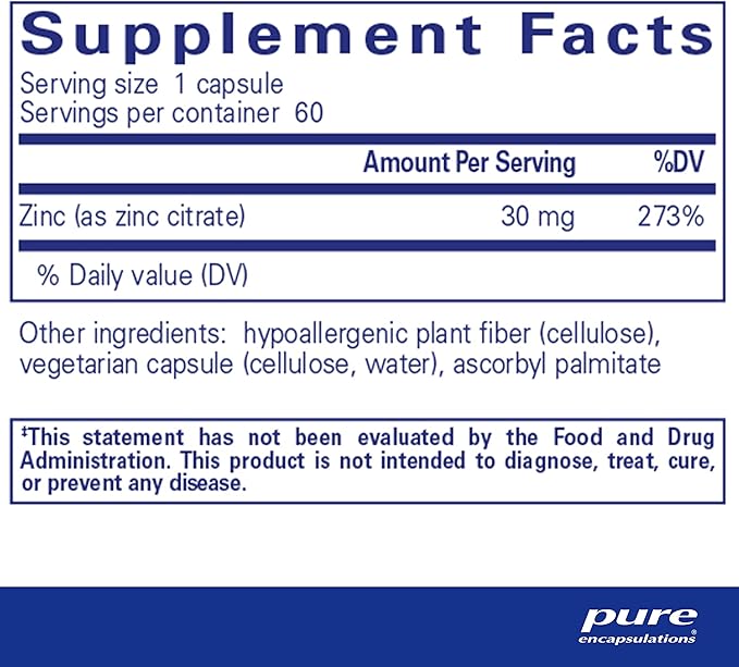 Pure Encapsulations Zinc (Citrate) - for Immune System, Tissue Development & Metabolism* - Mineral Supplement with Enzymes - Highly Absorbable Zinc - Vegan & Non-GMO - 60 Capsules