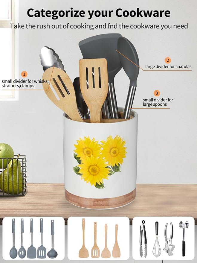 HAPPY KIT 7.6″ Extra Large Kitchen Utensil Holder, 360° Rotating Utensil Holder for Kitchen Counter with 3 Removable Compartment, Housewarming Gift & Farmhouse Decor(Sunflower)
