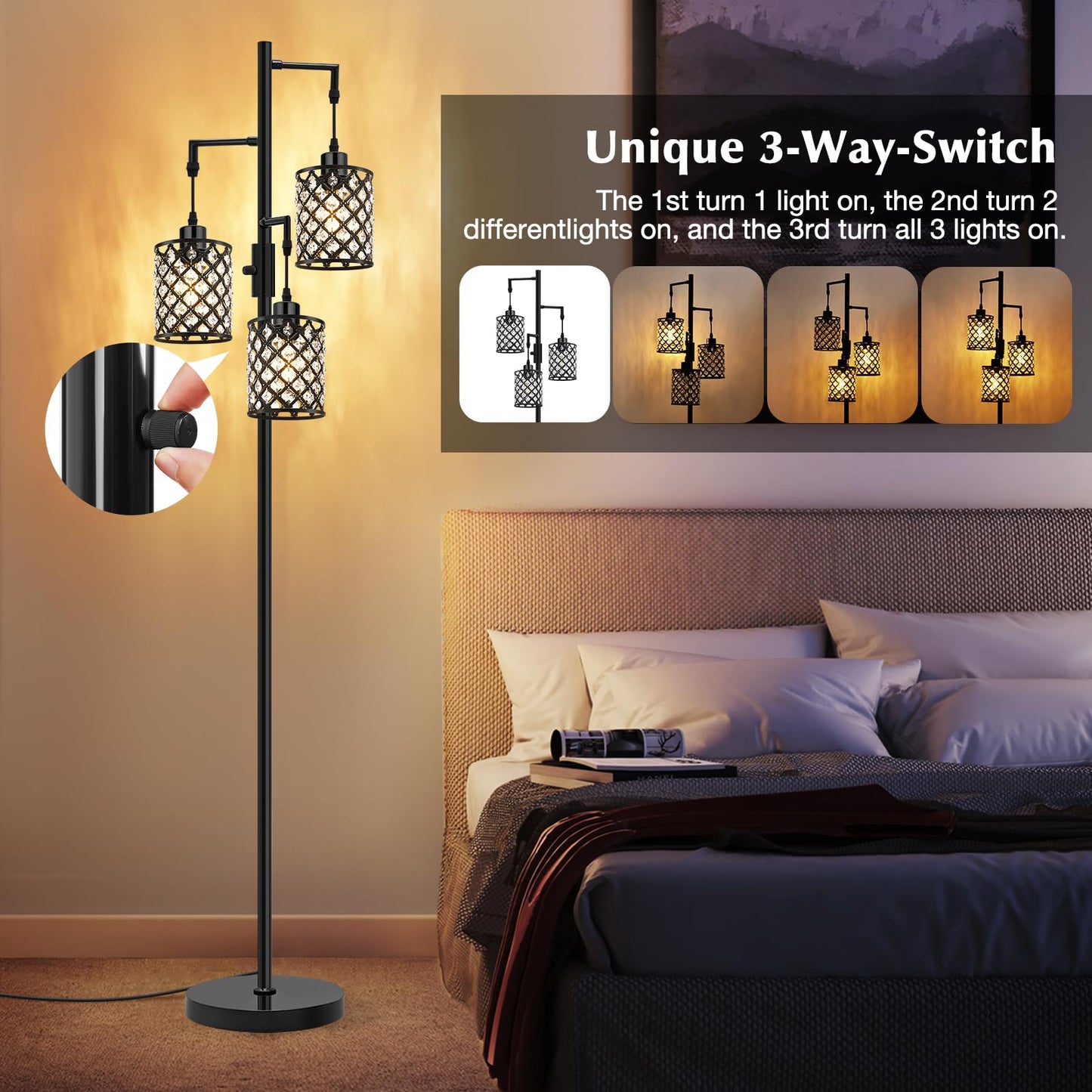 GyroVu 3-Light Floor Lamp with K9 Crystal Shade, Black Metal, Model G-1FL-1769C, Modern Design for Living Room and Home Office