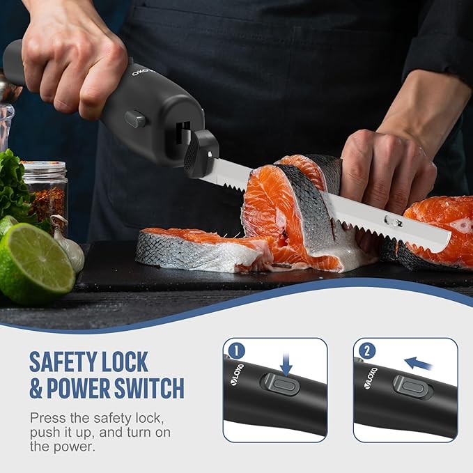 VLOXO Cordless Electric Knife, Electric Knives Rechargeable Bread Knife with Safety Lock Ergonomic Handle Electric Meat Knife for Carving Meat Bread Steak Fish Fillet Cheese Include 2 Blades
