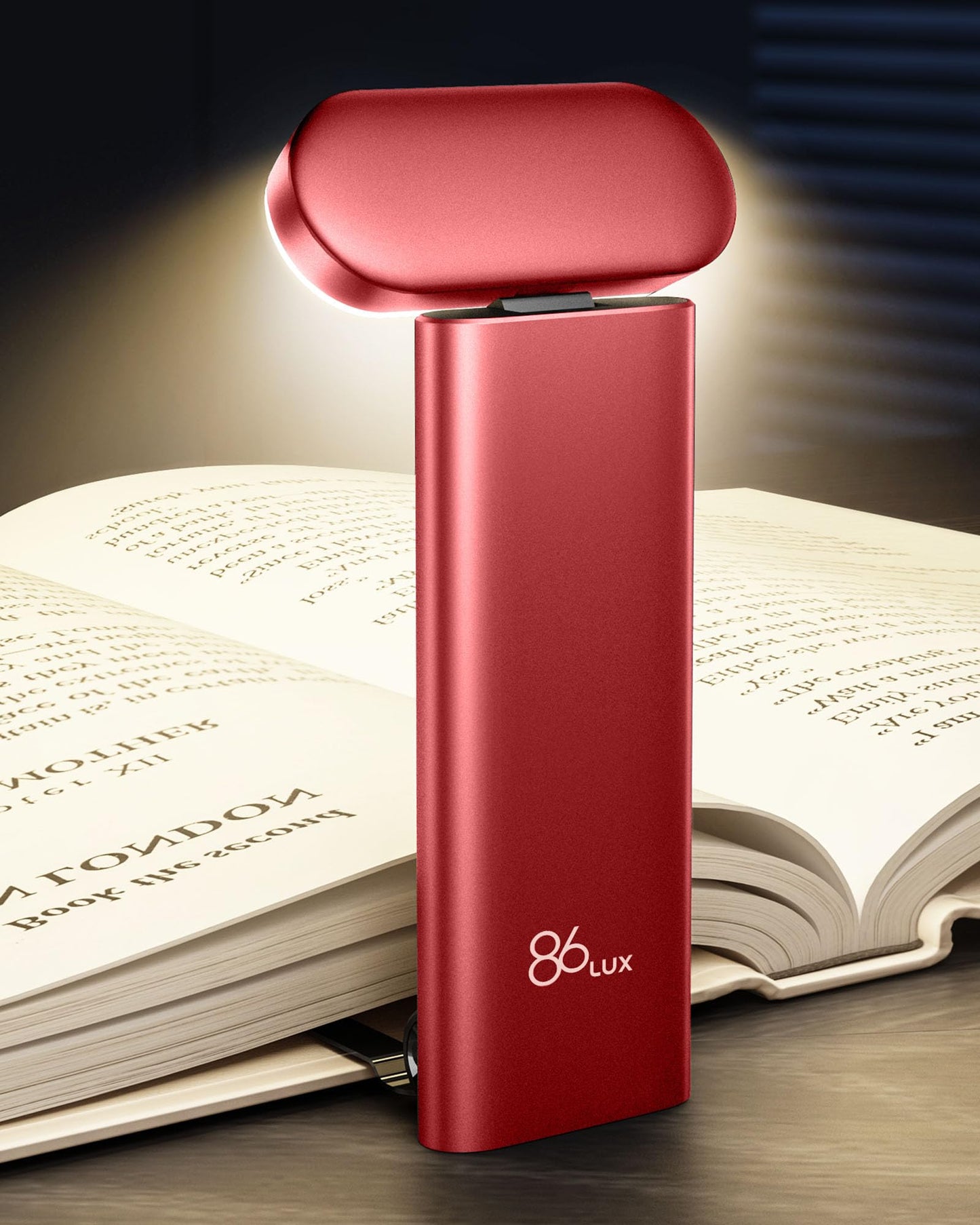 86lux Book Light, USB Rechargeable LED Reading Light, 3 Colors & Dimming, Aluminum, Model OK25, Red