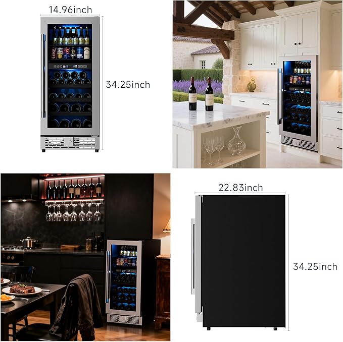 15 Inch Wine Fridge,37-65°F Digital Touchscreen Dual Zone Wine Refrigerator for Built-In or Freestanding, Wine Cooler with Removable Shelves