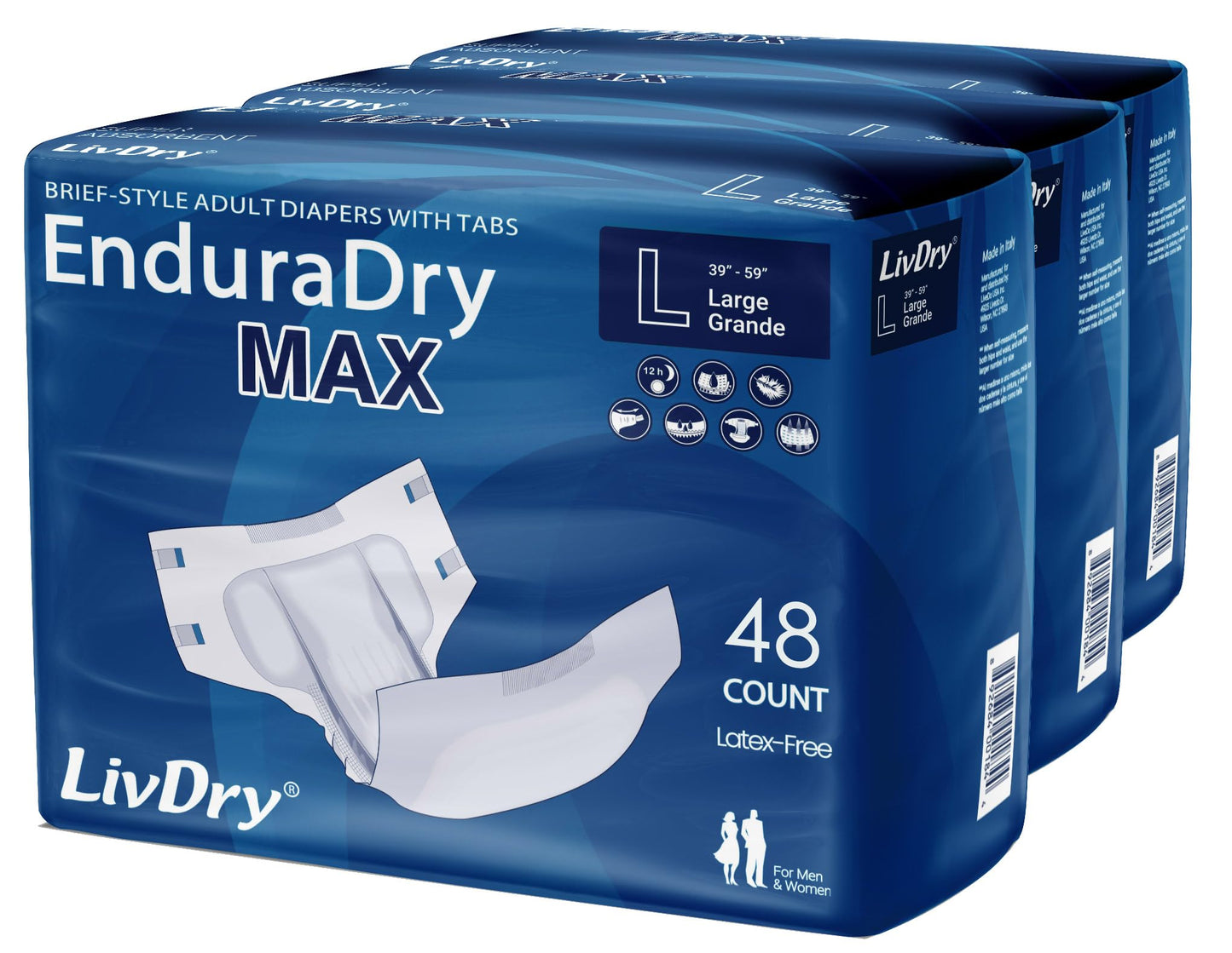 LivDry EnduraDry Max Adult Diapers with Tabs, Up to 12-Hours, Super Absorbent Incontinence Underwear, Leak Protection Briefs, Large, 48-Pack