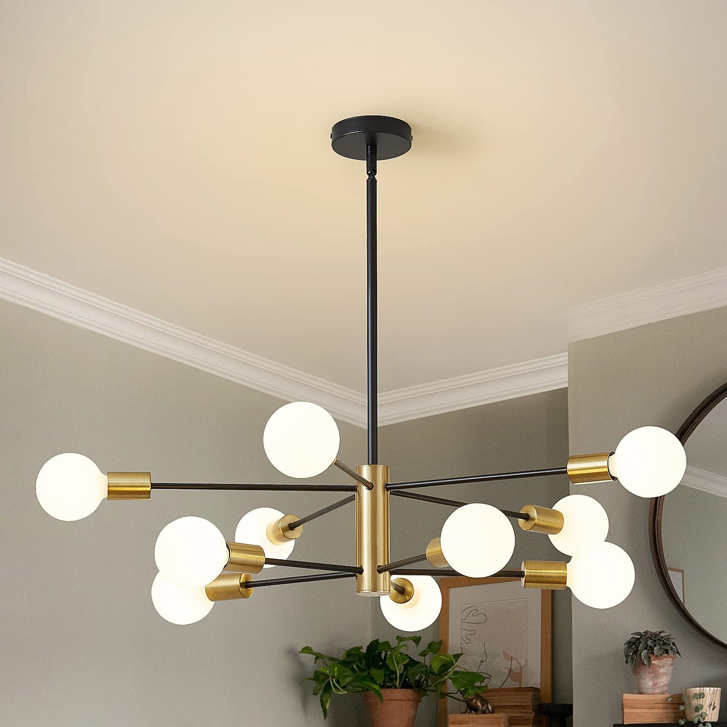 Ruiyey 10-Light Sputnik Chandelier, Modern Black And Gold Metal Ceiling Light Fixture For Kitchen Island, Living Room, Dining Room