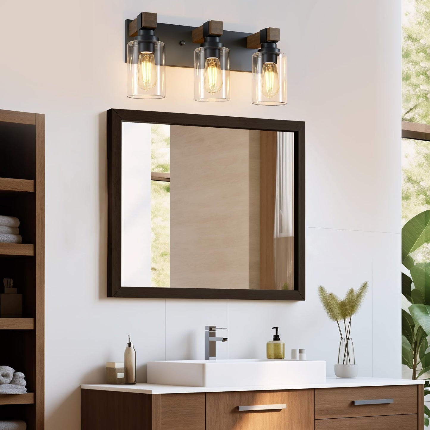 Farmhouse Bathroom Vanity Light Fixtures  Rustic 3-Light Wood Vanity Lights For Bathroom  Vintage Black Wall Sconces Lighting  Light Fixtures Over Mirror  With Glass Shade