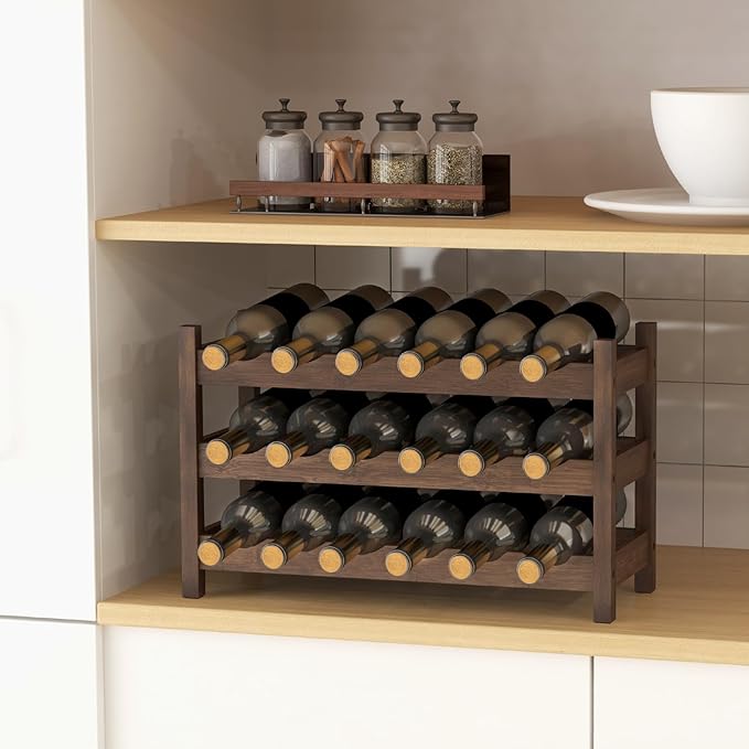 Giantex Bamboo 3-Tier 18-Bottle Wine Storage Cabinet Shelf, Countertop Wine Rack for Kitchen, Bar, Pantry & Wine Cellar, Coffee