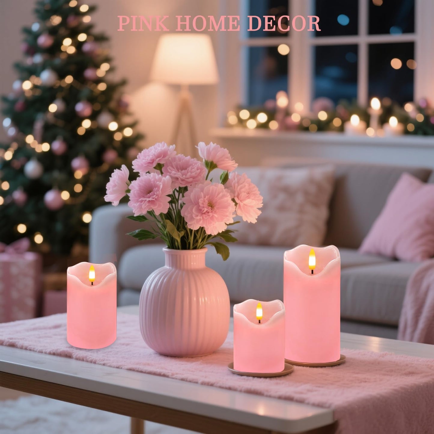 VEEKI Flameless Candles Light, Set of 3 Flickering LED Candle with Remote & Timer, Dimmable Electric Pillar Candles Battery Operated, Pink Candles for Valentine's Day Xmas Home Decor (3PC)