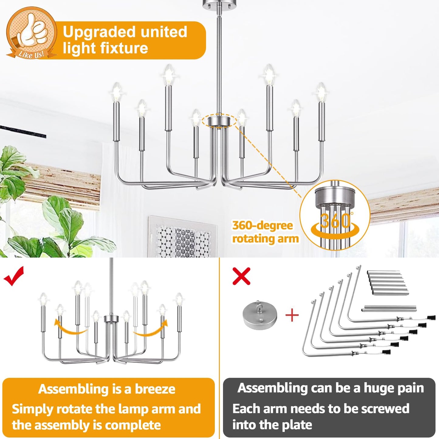 Lynnoland 8-Light Farmhouse Chandelier, Brushed Nickel Metal Lighting Fixture, Model L220028P8 for Dining Room, Kitchen, Foyer, Living Room