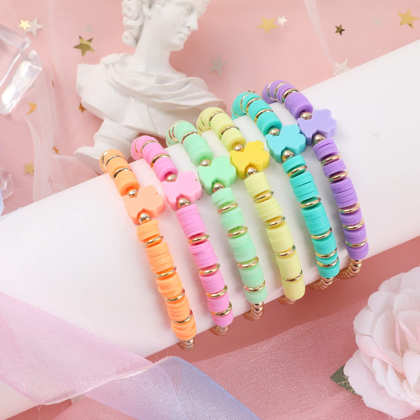 Candy Color Beaded Bracelets for Women - Cute Stackable Clay Bear Friendship Bracelet Set - Colorful Elastic Heishi Surfer Prepp