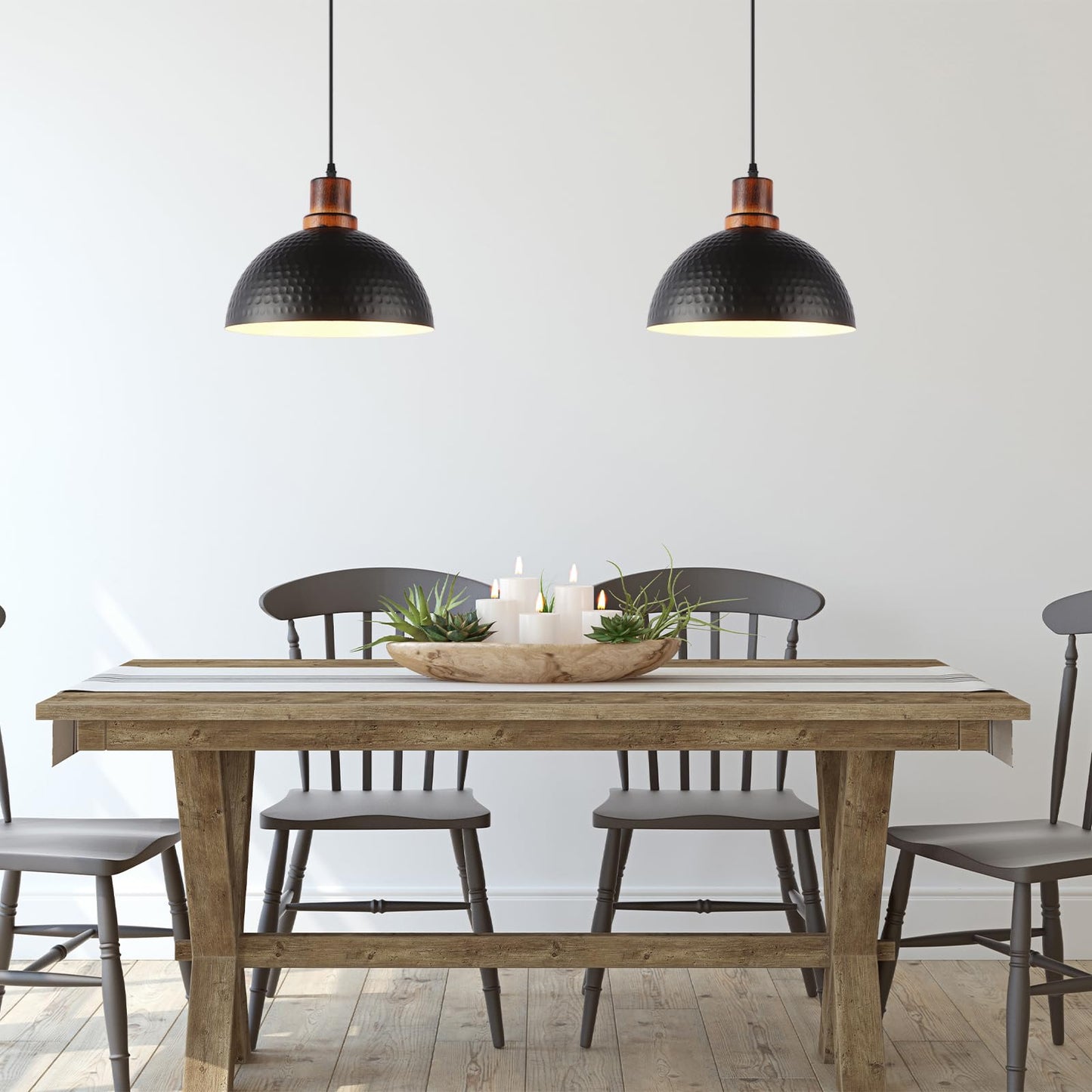 Mgcanyu Black And Wood Pendant Lights 2 Pack  11.8 Hammered Metal Dome Pendant Light Fixture Modern Black Pendant Lighting Hanging Ceiling Light For Kitchen Island Dining Living Room Restaurant