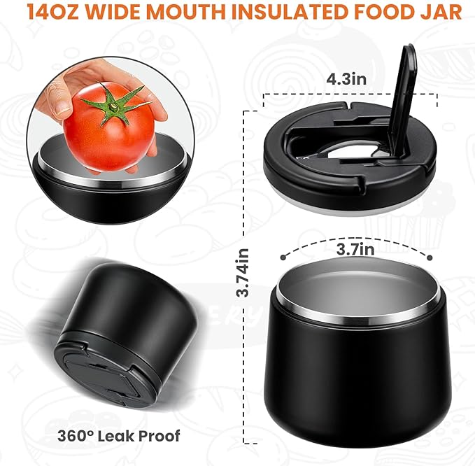 Soup Thermo for Hot Food Kids 14oz Lunch Containers with Buckle Lid Wide Mouth Hot Food Jar Vacuum Insulated Stainless Steel Bento Box Leakproof with Spoon(Black)