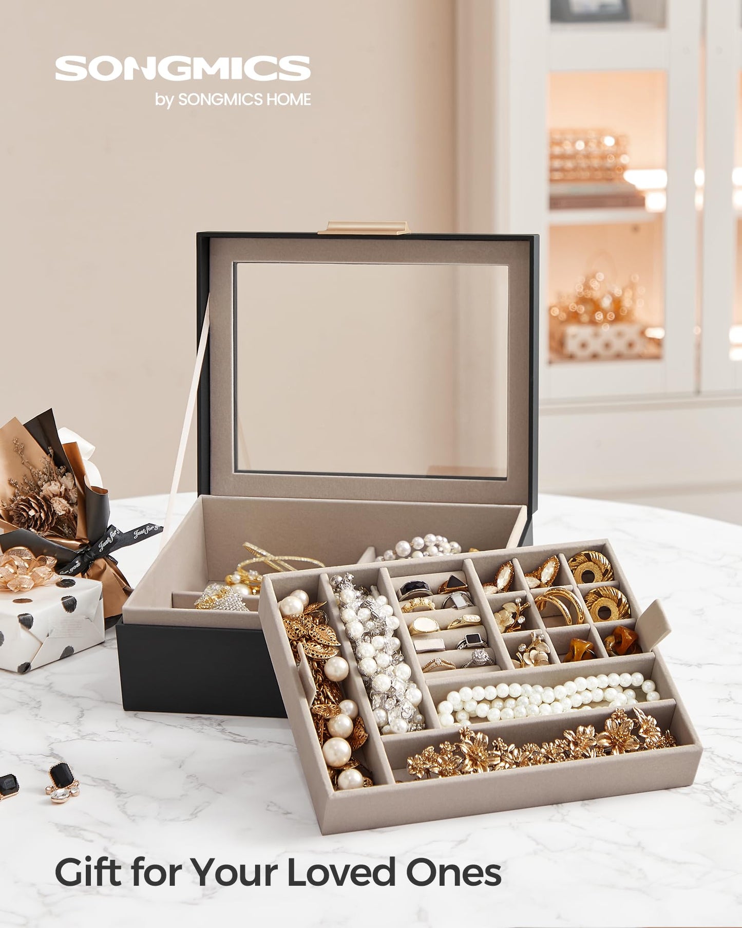 SONGMICS Jewelry Box with Glass Lid, 2-Layer Jewelry Organizer with Removable Tray, Jewelry Storage, Modern Style, Gift for Love