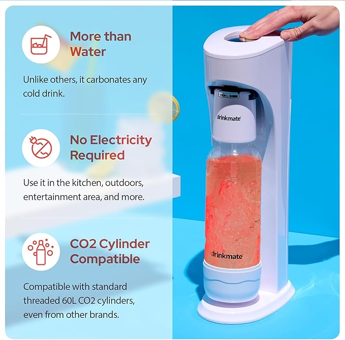 Drinkmate OmniFizz Sparkling Beverage Maker CO2 Bundle - Sparkling Water/Soda Streaming Machine That Carbonates Any Drink - Includes 1 CO2 Cylinder, 1 Carbonation Bottle, 1 Fizz Infuser Classic White
