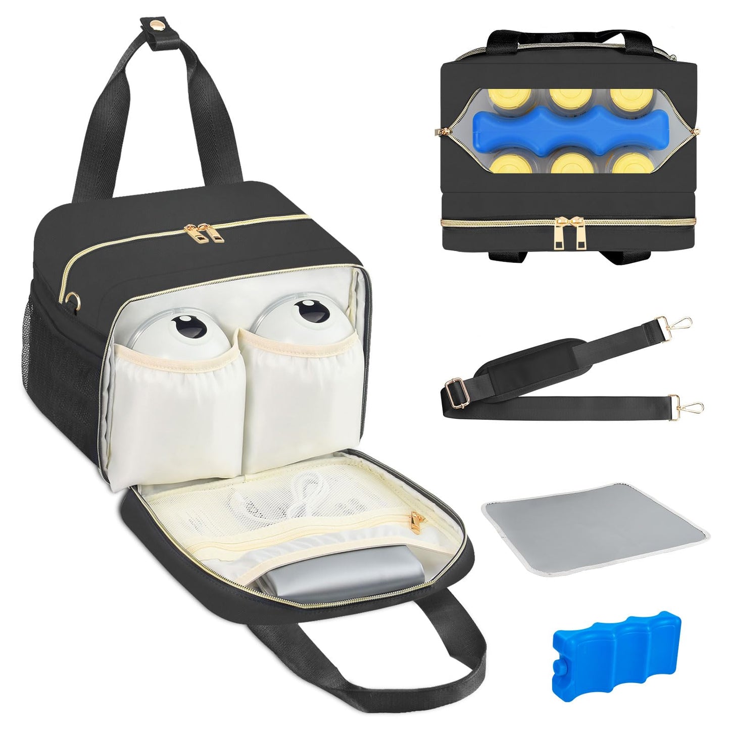 PIIOSER Breastmilk Cooler Bag with Ice Pack, Fits 6 Baby Bottles Up to 9 Ounce, Insulated Bottle Travel Bags with Shoulder Strap-Wearable Breast Pump Carrying Case for Nursing & Working Moms, Black