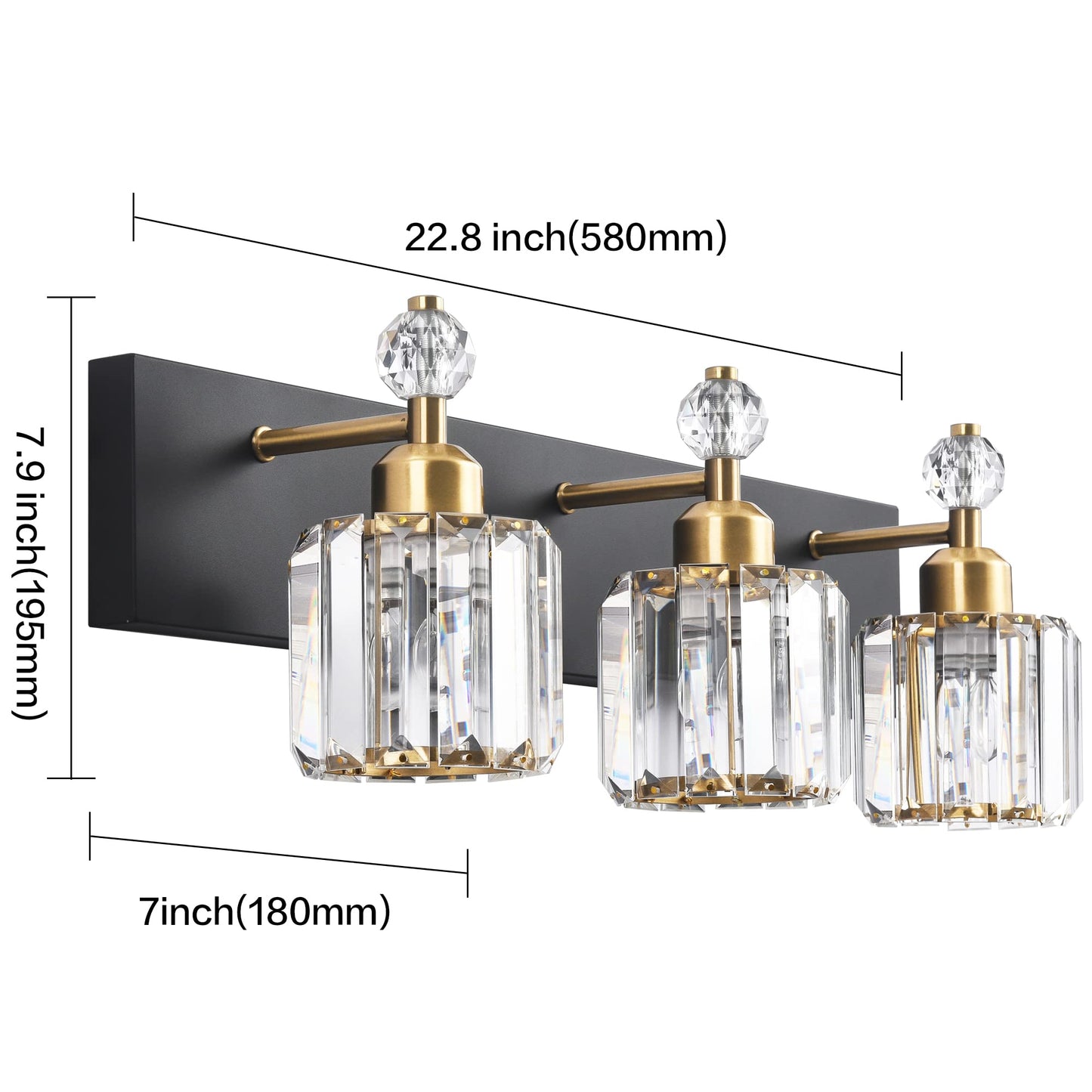 PRESDE 3-Light Bathroom Vanity Lights Fixtures, Black Gold Crystal, Modern Wall Lighting