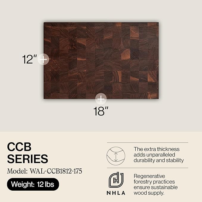 John Boos CCB Series Rectangular Wooden Walnut Cutting Board 18”x12” – 1.75” Thick, 12-lb Reversible Butcher Block with End-Grain & Finger Grips – Made in the USA