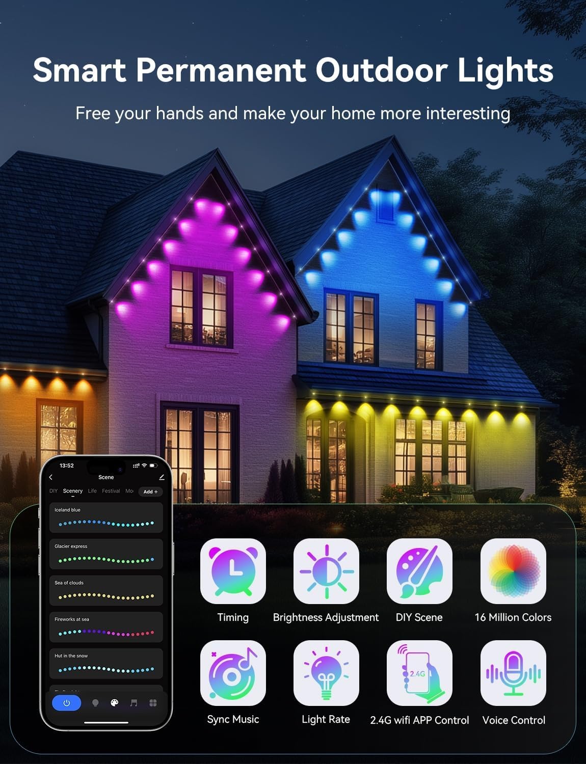 Lemonlovely Permanent Outdoor Lights Pro  180Ft With 132 Ic+Rgbcw Smart Led Eaves Christmas Lights For Daily Decoration  Ip67 Waterproof For Outside Xmas Halloween House Roof Lighting  White