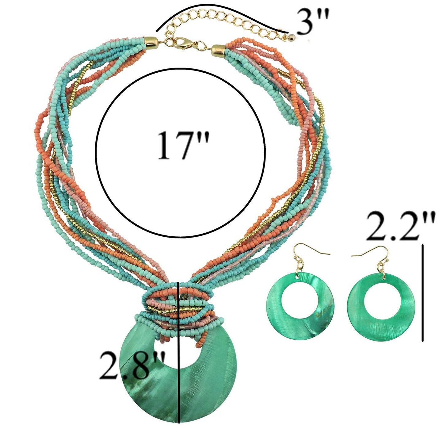 Coiris Multi Strand Statement Colorful Beaded Necklace with Big Circle Shell Pendant for Women (N0055)