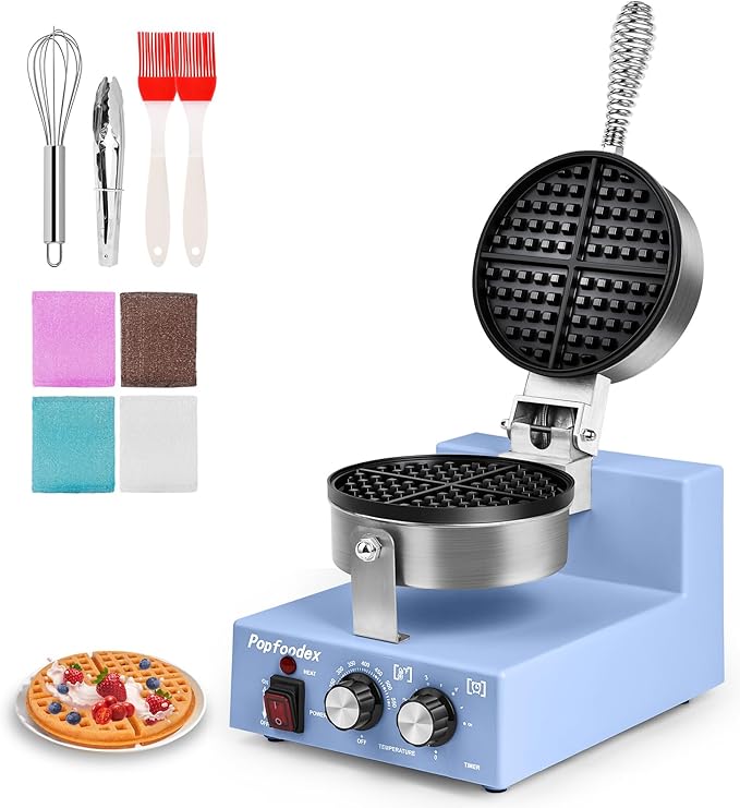 Commercial Waffle Maker for Restaurant, 110V Electric Waffle Maker w/Non-stick and 122–572°F Adjustable Temp, 1200W Profession Waffle Iron with Timer and Heavy Duty, Hotel Waffle Machine