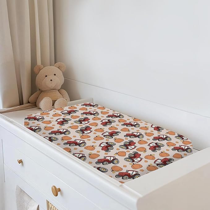 Red Tractors Pumpkins Baby Changing Pad Covers for Boy Girl Autumn Farm Trucks Harvest Fitted Change Table Mats Fall Farmhouse Vehicle Soft Diaper Changing Pad Sheets for 32''×16'' Contoured Pad