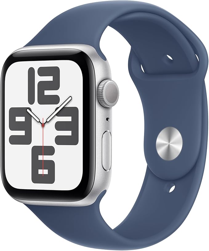 Apple Watch SE (2nd Gen) [GPS 44mm] Smartwatch with Silver Aluminum Case with Denim Sport Band M/L. Fitness and Sleep Trac...