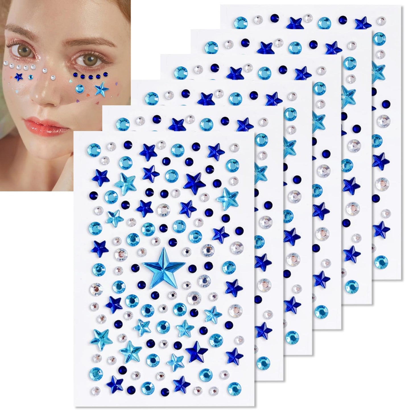 6 Sheets Blue Rhinestone Face Gems 4th of July Star Face Body Jewels Stickers Self-Adhesive Diamond Crystal Independence Day Par
