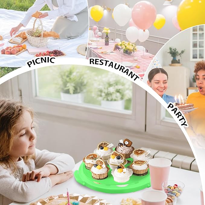 Green Plastic Cake Carrier with Lid and Handle, 4 in 1 Multipurpose Cupcake Holder Stand Platter for 10'' Cake, Portable Dessert Storage Container Box with Cover for Pie Pizza Eggs Fruit Snack