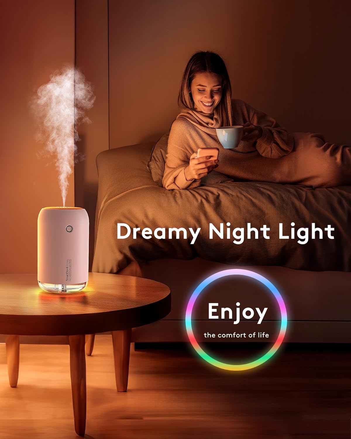 SmartDevil Small Humidifier, 500ml Mini Desk Humidifier, for Bedroom, Office, Travel, Plants, with Night Light, Auto Shut-Off, Super Quiet, White