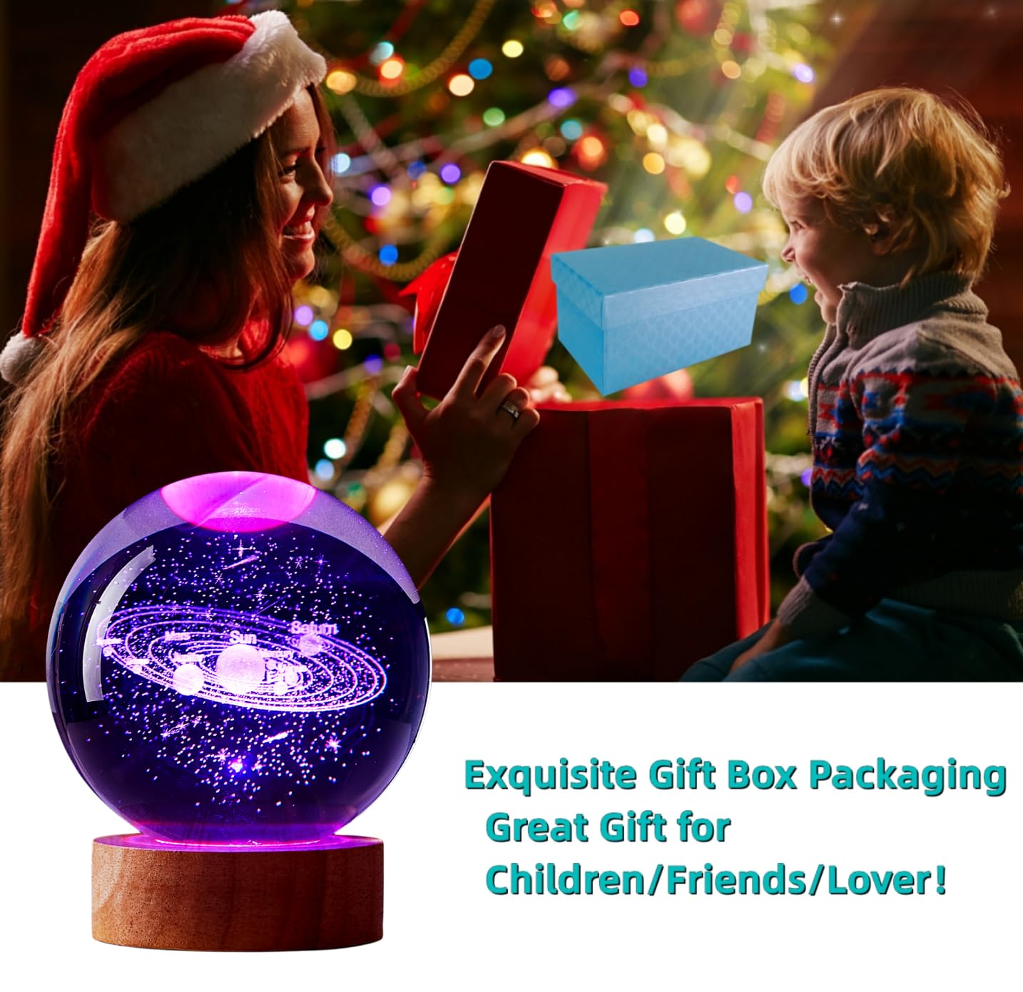 DIGFPWT Solar Crystal Ball Night Light, 3D Galaxy Lamp, 16 Color Change, 3.15 Inch, LED Wooden Base, Gift Box Packing, Solar System Model