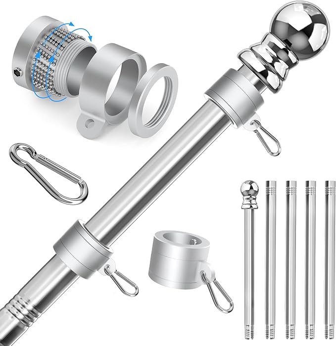 Sinyoeer 304 Stainless Steel Flag Poles,6 FT Flag Pole for Outside House, 1 Inch Outdoor Flag Pole with Swivels Rings, Hou...