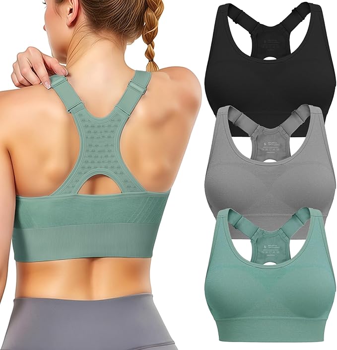 Tmeefee Adjustable Sports Bras for Women: 3 Pack High Support Padded Racerback Sport for Large Bust Workout Running Gym