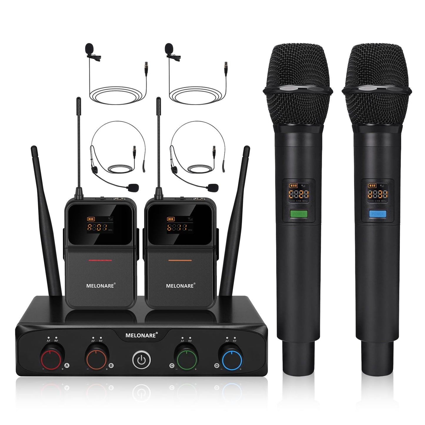 MELONARE 4-Channel Wireless Microphone System,UHF Cordless Mic Set w/ 4x10 Frequencies, 200ft, 2 Handheld Dynamic Mics, 2 Bodypa