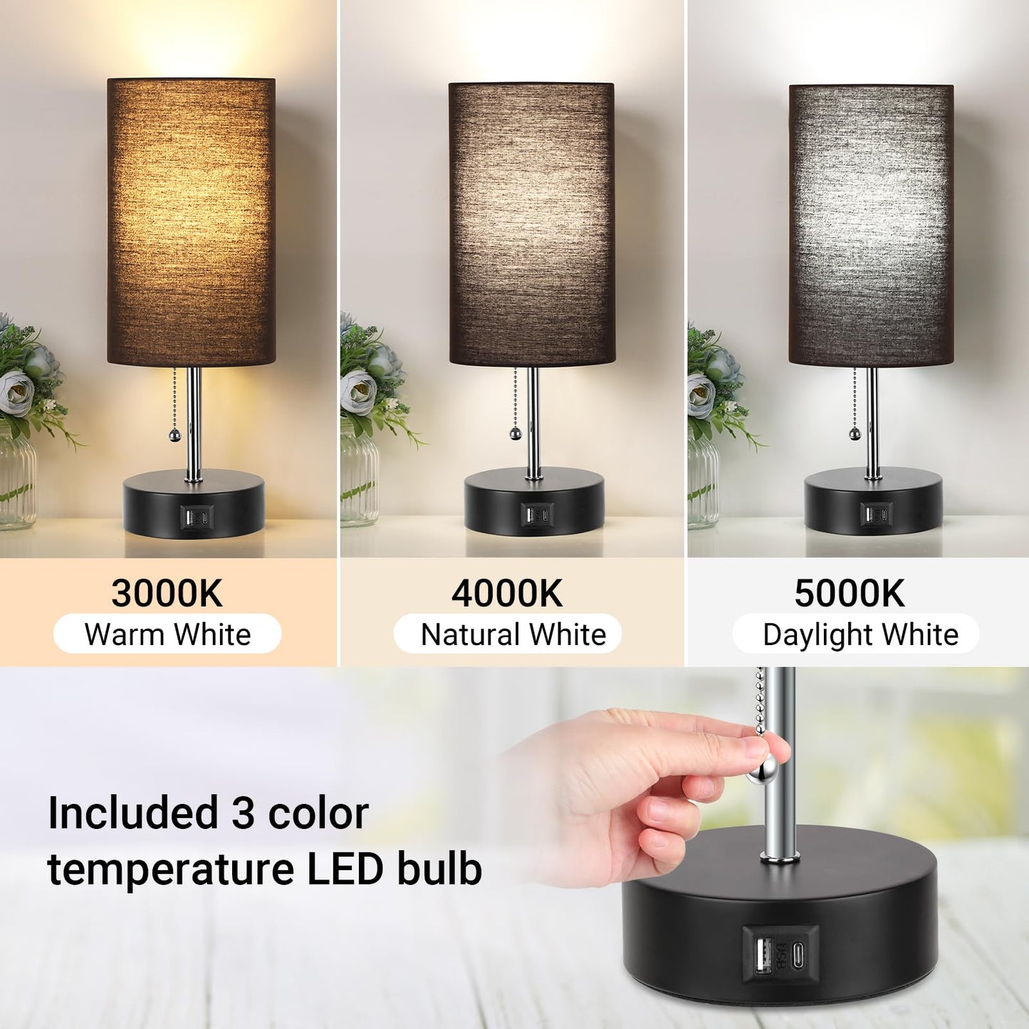 ROTTOGOON Bedside Lamp with USB A & C Ports, LED Bulb, Metal, Black, Model H-philwin-061