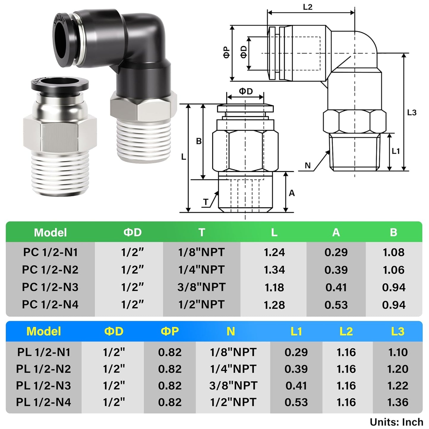 TAILONZ PNEUMATIC Elbow and Straight Combination 1/2 Inch Tube OD x 1/4 Inch NPT Thread Push to Connect Fittings PC-1/2-N2+PL-1/2-N2(Pack of 4)