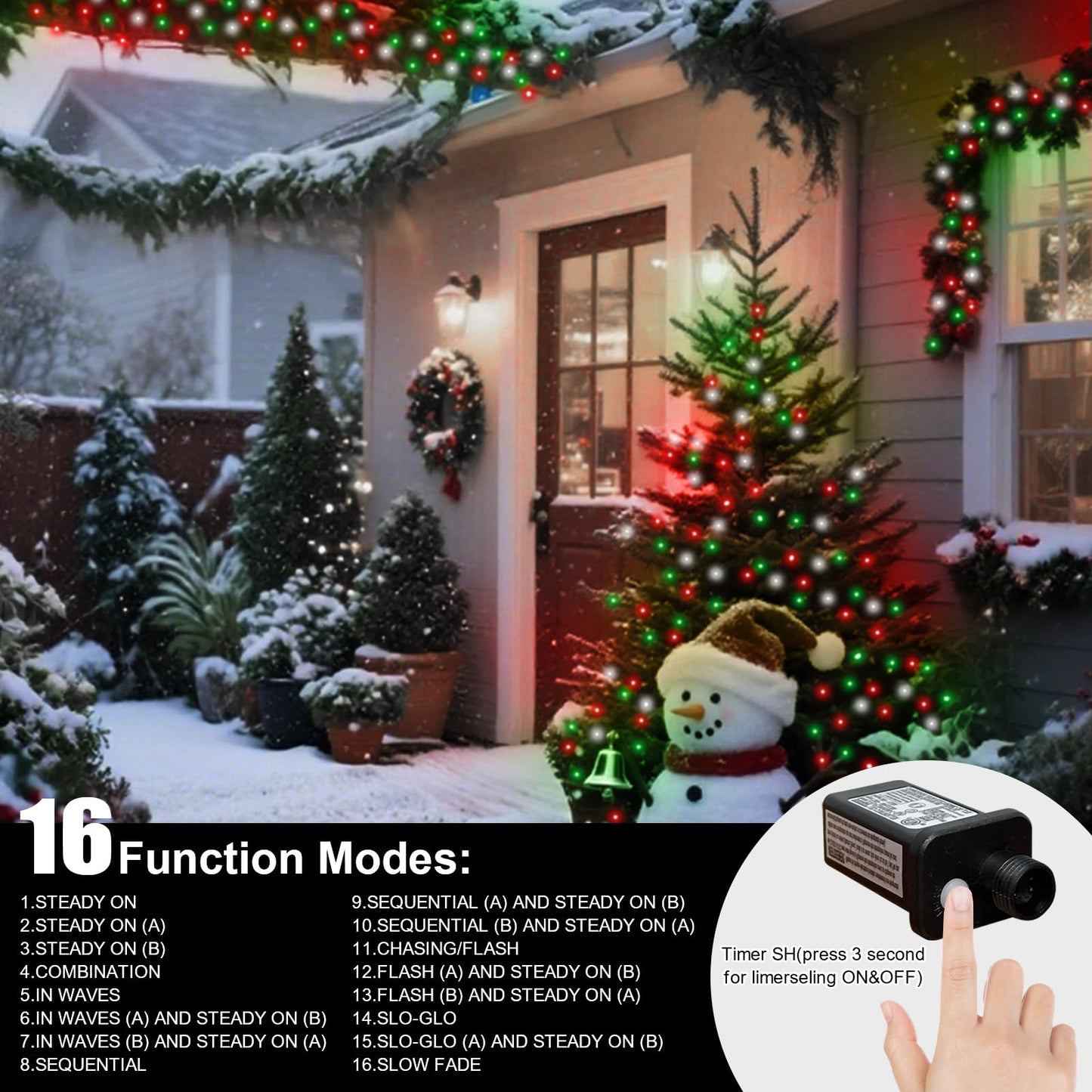 Lamphome 66Ft Christmas Decorative Mini Lights  200 Led Transparent Wire Fairy Starry String Lights Plug In  16 Lighting Modes For Outdoor Xmas Tree Wedding Party Decoration (Red Green White)
