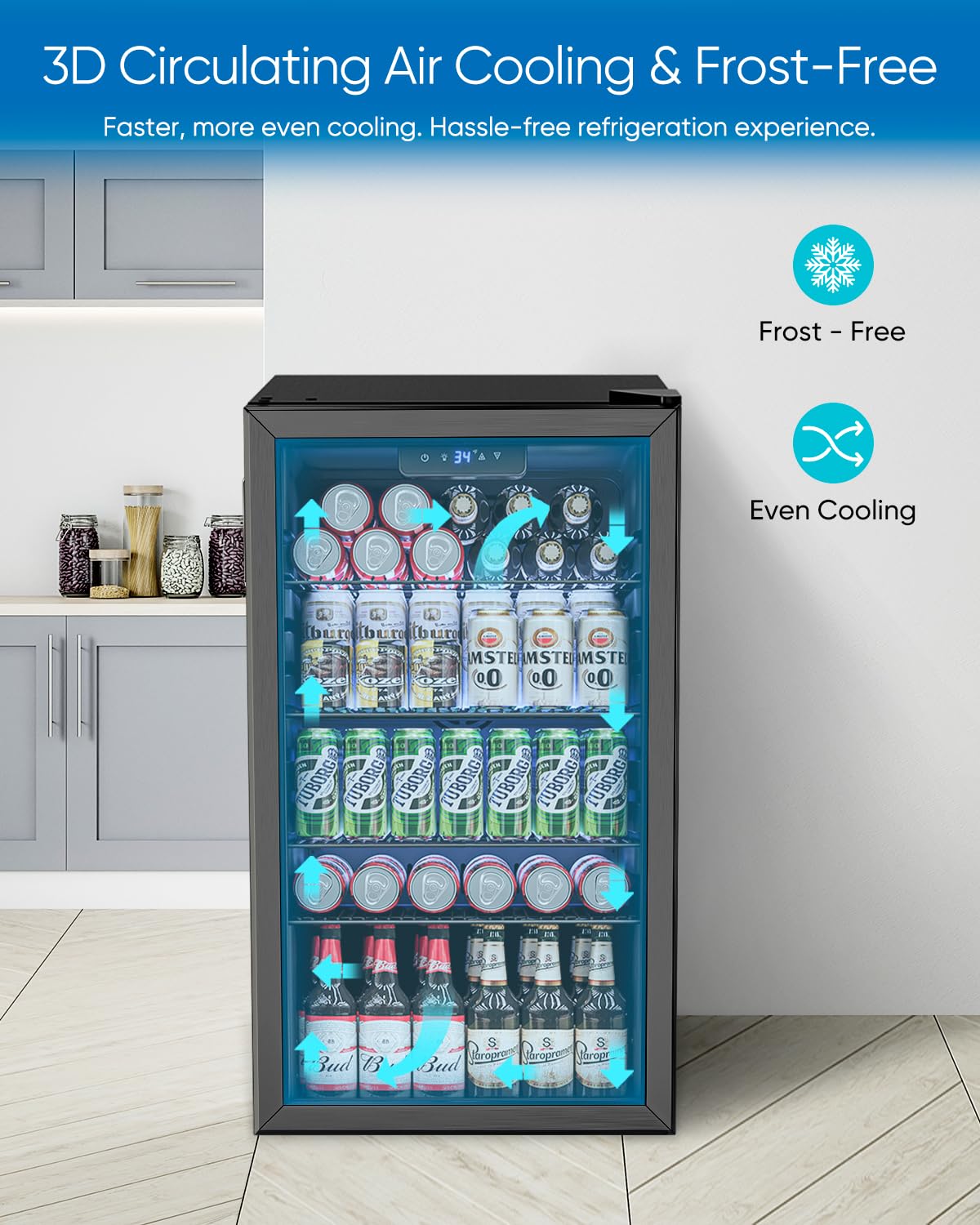 Feelfunn 3.2 Cu.Ft Mini Fridge with Glass Door - 126 Can Beverage Refrigerator Cooler for Drink Beer Wine Soda, Small Fridge for Bedroom Office Bar Dorm, 4 Adjustable Shelves, Black