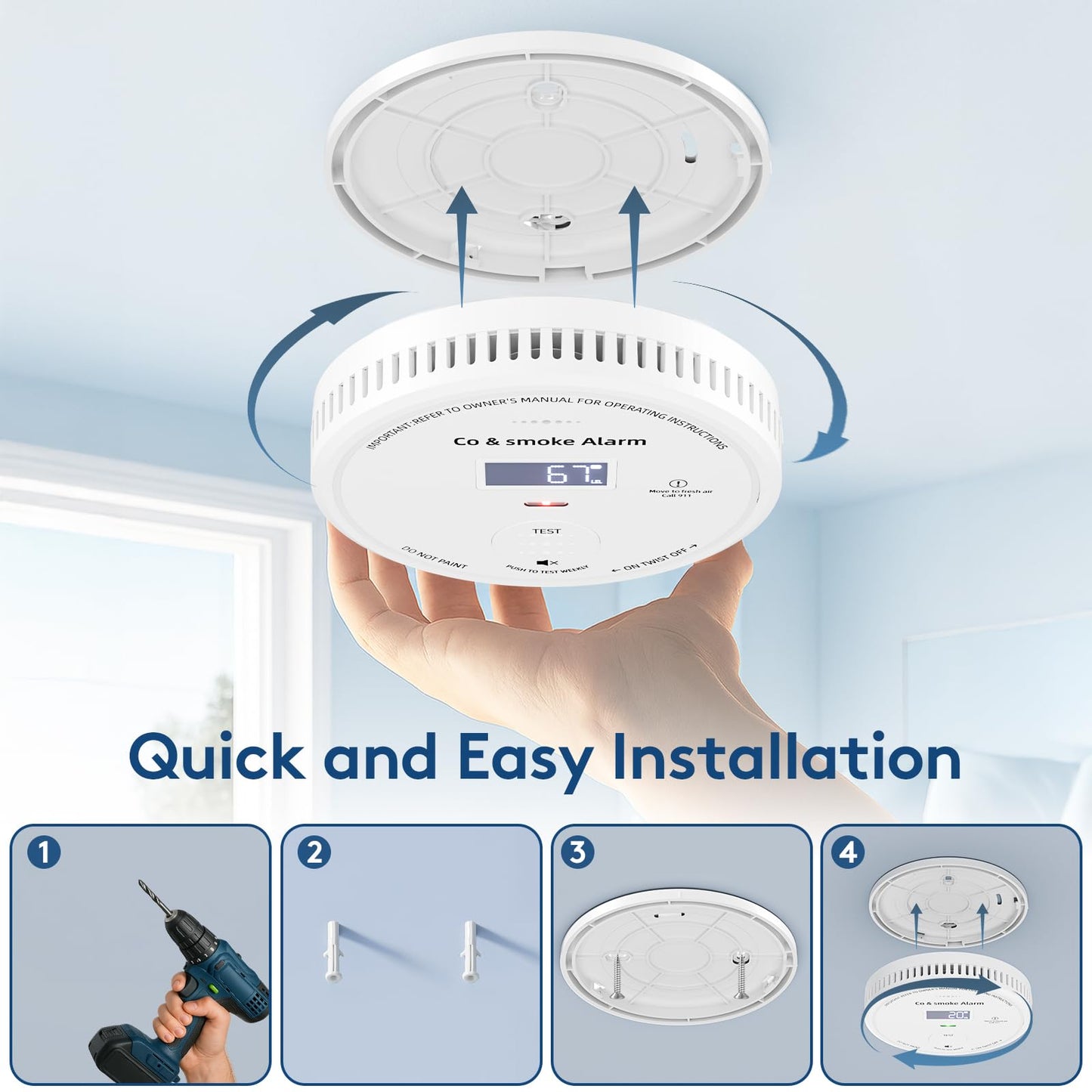 2-Pack 10 Year Battery Smoke and Carbon Monoxide Detector with Digital Display, 85dB Alarm, Battery-Powered, Easy Setup for Home, RV, Camper – Protect Your Family & Get Peace of Mind
