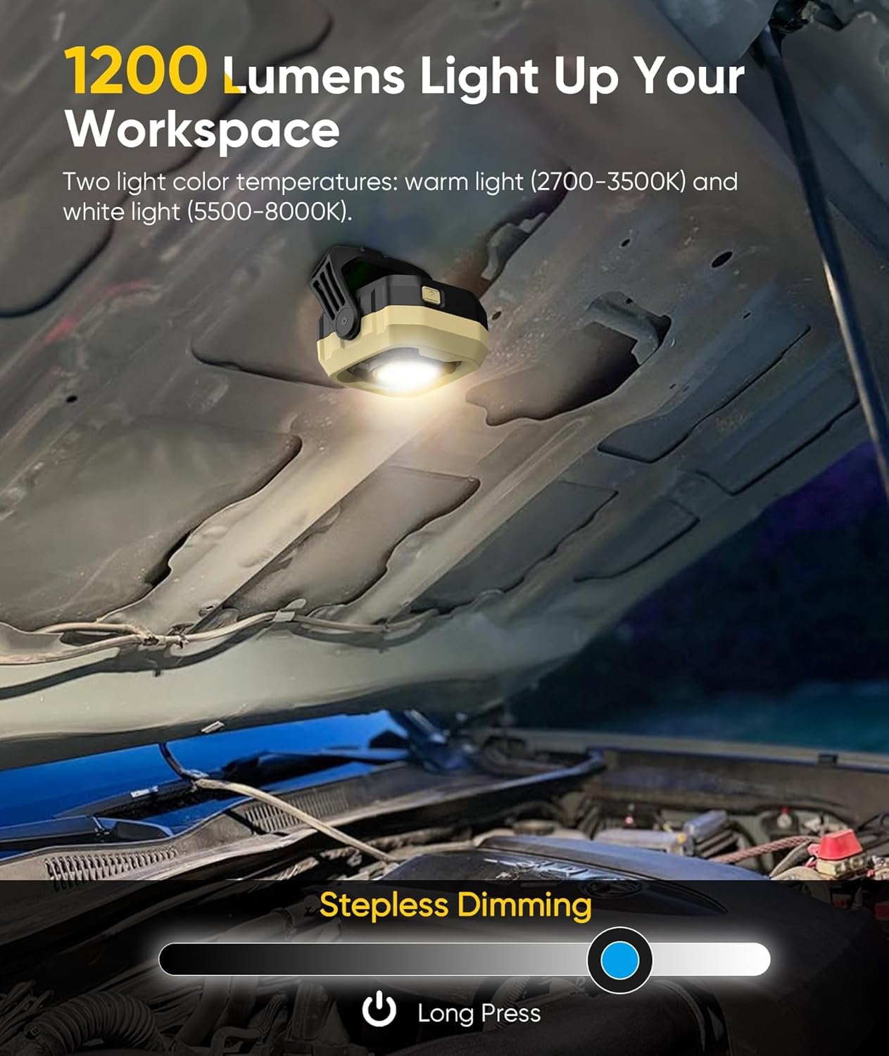 HOTLIGH Magnetic Work Light, 1200LM Magnetic Light with IPX4 Waterproof, 4000mAh Battery Led Work Light, Camping Light for Car Repair, Camping, Emergency, 2 Pack