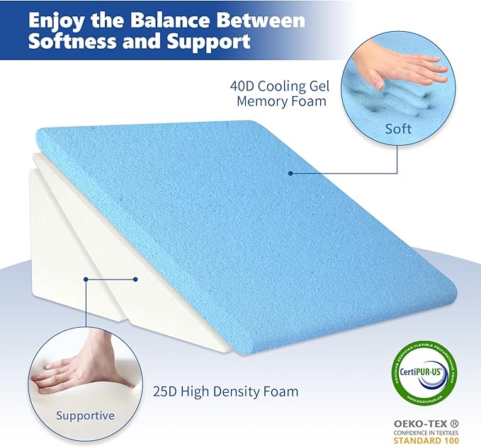 KingPavonini Grey Bed Wedge Pillow for Sleeping, 7.5 & 9 & 11 & 12 Inch Adjustable Memory Foam Triangle Wedge Pillow Post Surgery for Back, Legs and Knee Support, Acid Reflux
