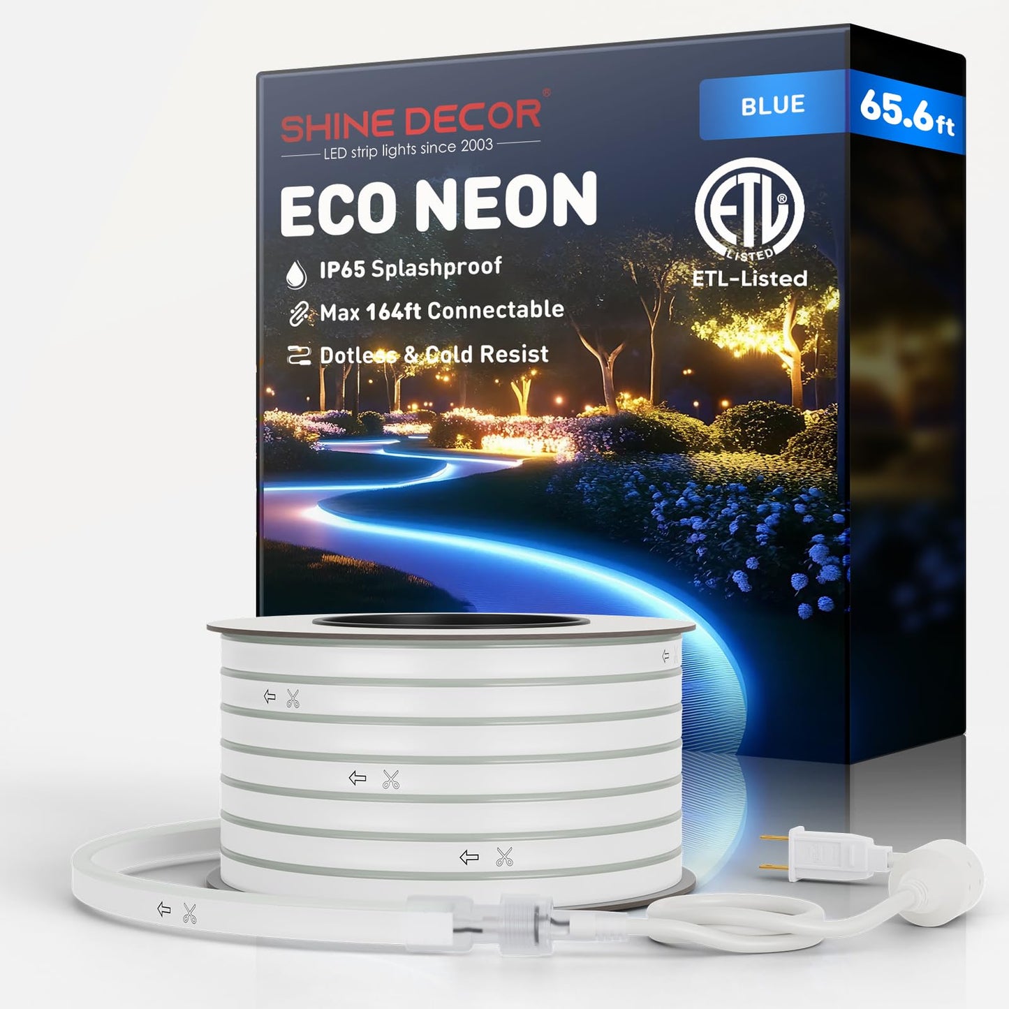 Shine Decor LED Neon Rope Lights, 65.6FT Waterproof Flexible Strip, Blue, 120 LEDs/M, AC 110V/120V