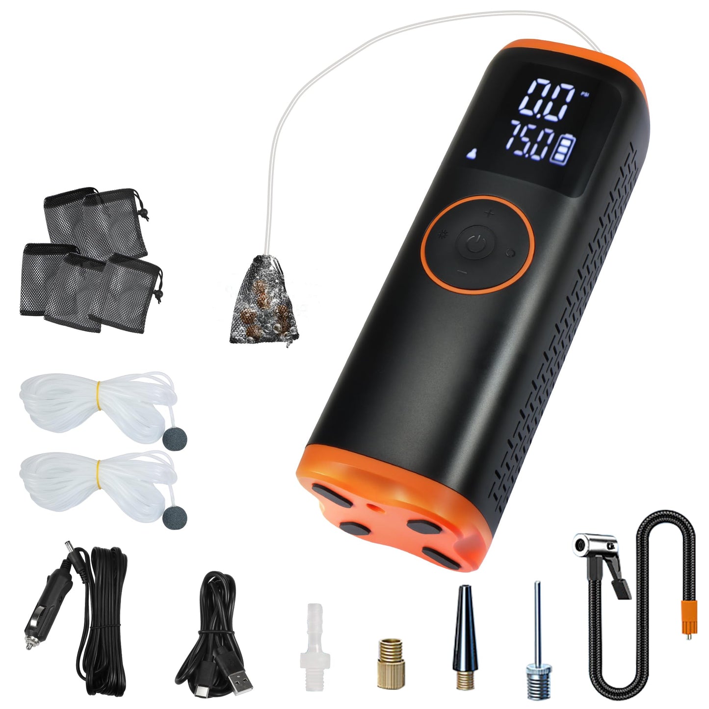 Xyuee Portable Rechargeable Air Compressor - 7500mAh Underwater Fish Attraction Oxygen Device / 150PSI Air Pump with Fish Attracting Gear, LED Lights&Pressure Gauge for Car Tires, Bubble Bait Fishing