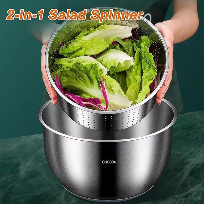 6L Stainless Steel Salad Lettuce Spinner, Fruit Vegetable Cleaner Vegetable Washer Spinner Quick Spin for Household Vegetables and Pasta Fries Spinner Essential Kitchen Utensils spinners (B)