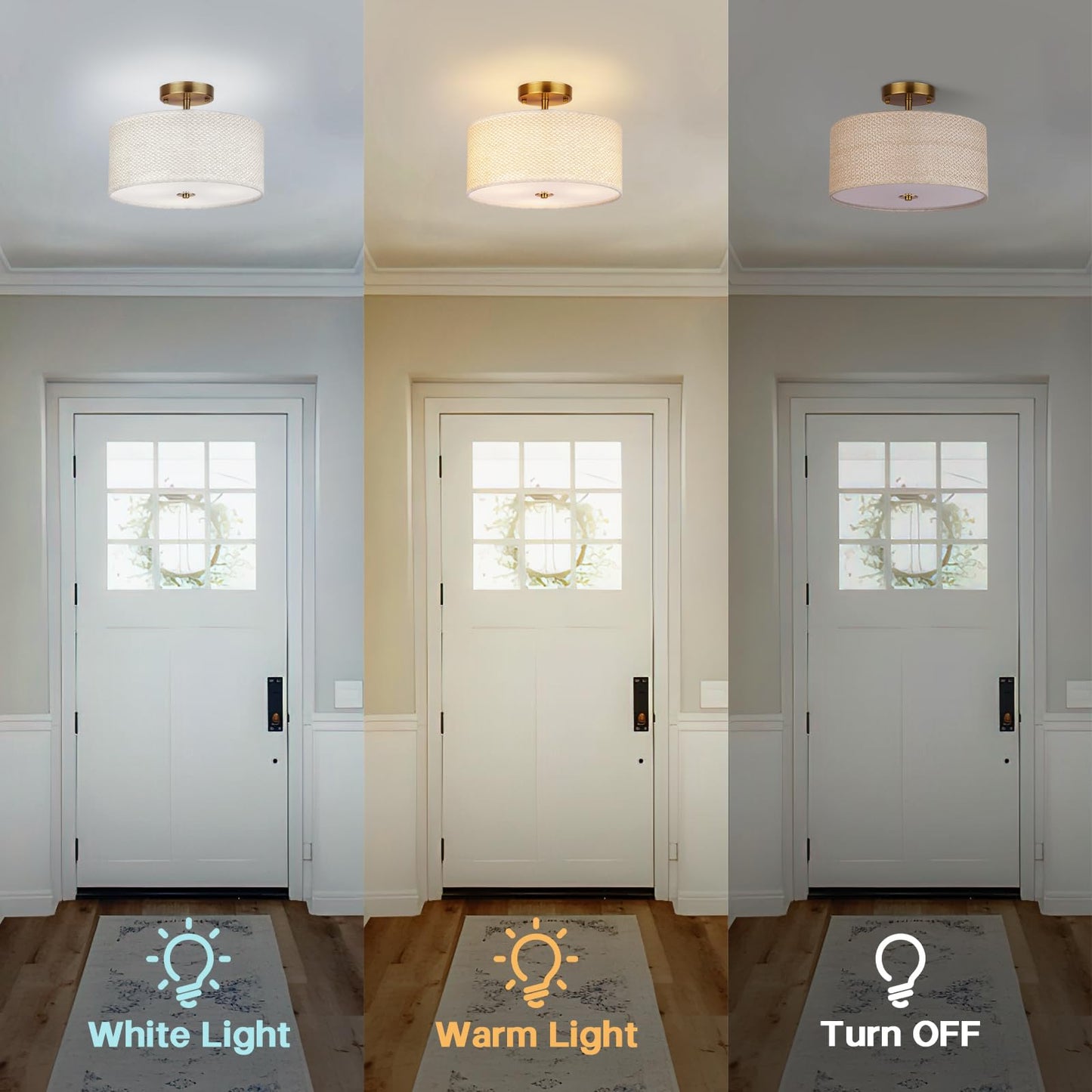 Clarsyne 13 Boho Rattan-Style Semi Flush Mount Ceiling Light Fixture  3-Light Modern Fabric Shade Drum Lamp  White Rustic Lighting For Bedroom  Kitchen  Dining Room  Living Room  Hallway  Entryway